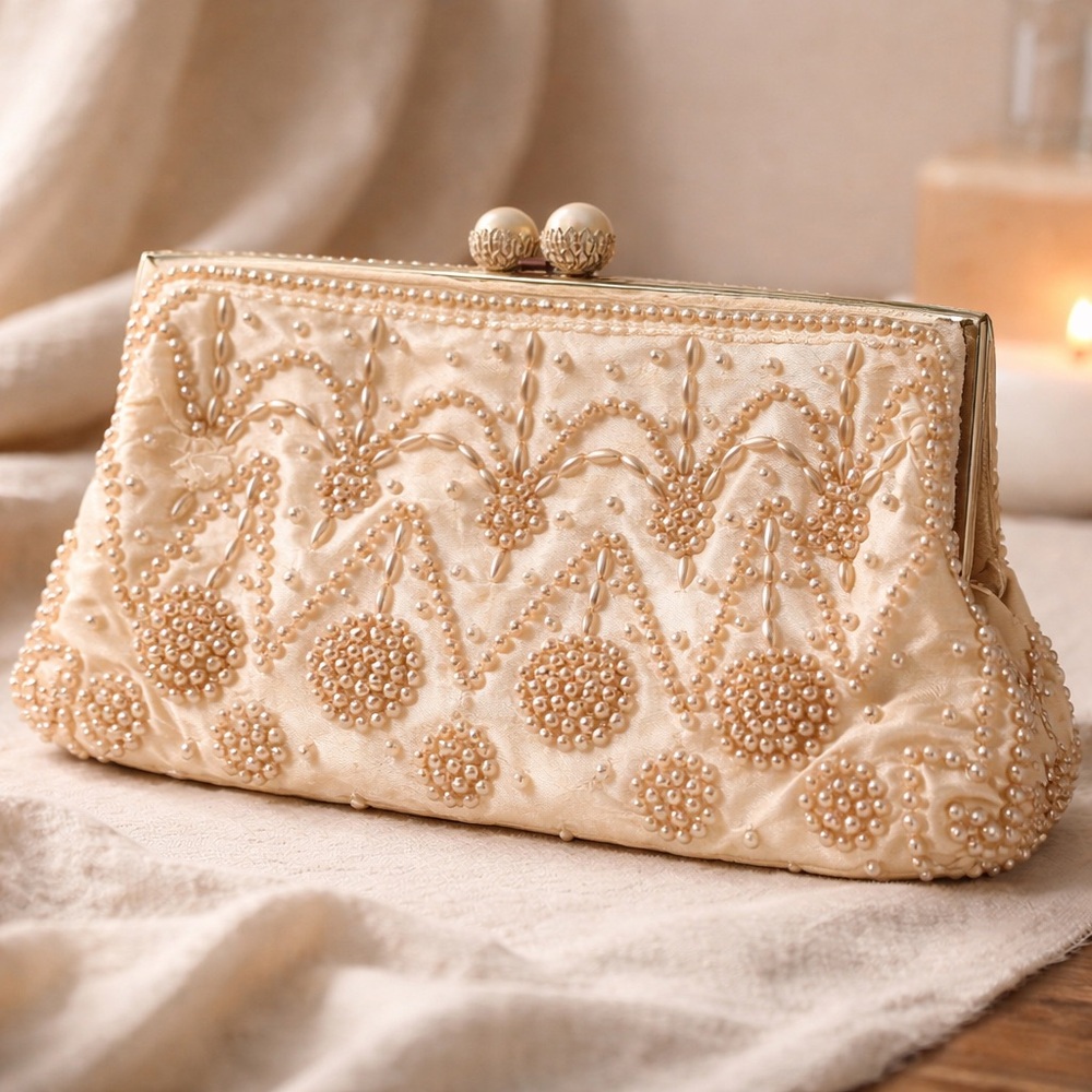 Vintage Cream Beaded Satin Clutch
